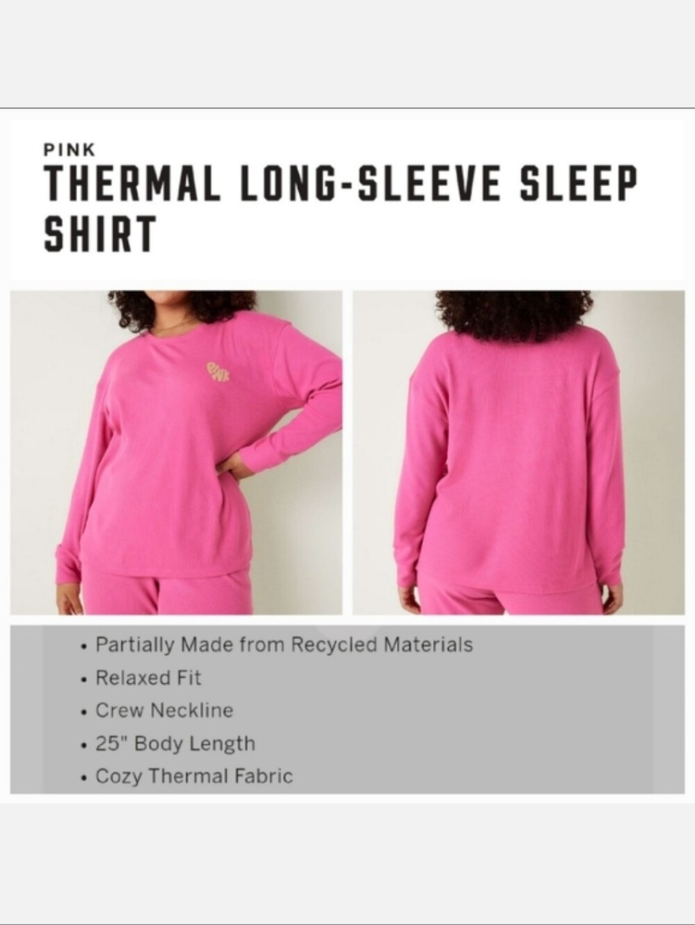 Victoria's secret pink thermal long sleeve sleep pajama shirt PINK MEDIUM